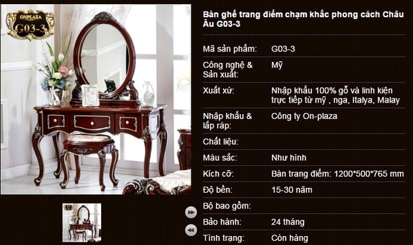 Bộ bàn trang điểm họa tiết tân cổ điển G03-3