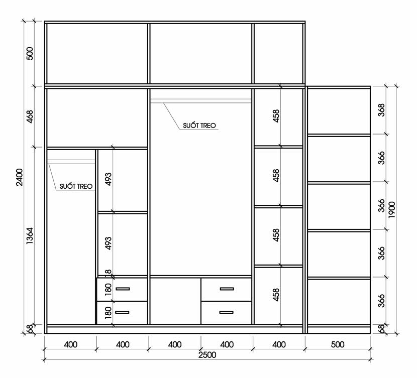 Kích thước tủ quần áo 4 cánh